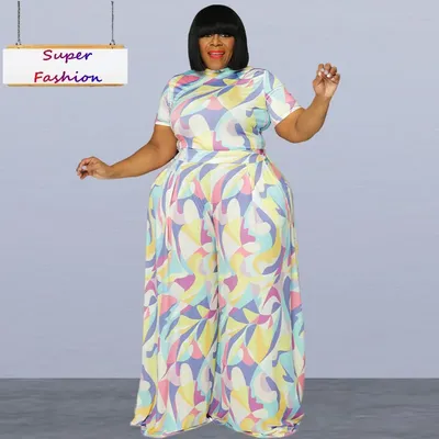 XL-4XL Plus Size Pant Suits 2022 Summer Women Clothing Printing Straps Short Sleeve Crew Neck Casual