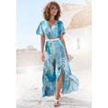 Maxikleid BUFFALO, Damen, Gr. 38, N-Gr, blau (blau bedruckt), Jersey, Obermaterial: 100% Viskose, bedruckt, animal-print, modisch, figurbetont knöchellang, V-Ausschnitt, Kurzarm, Kleider, im Vokuhila-Schnitt, Schlitz und Volant, Flügelärmel, Druckkleid