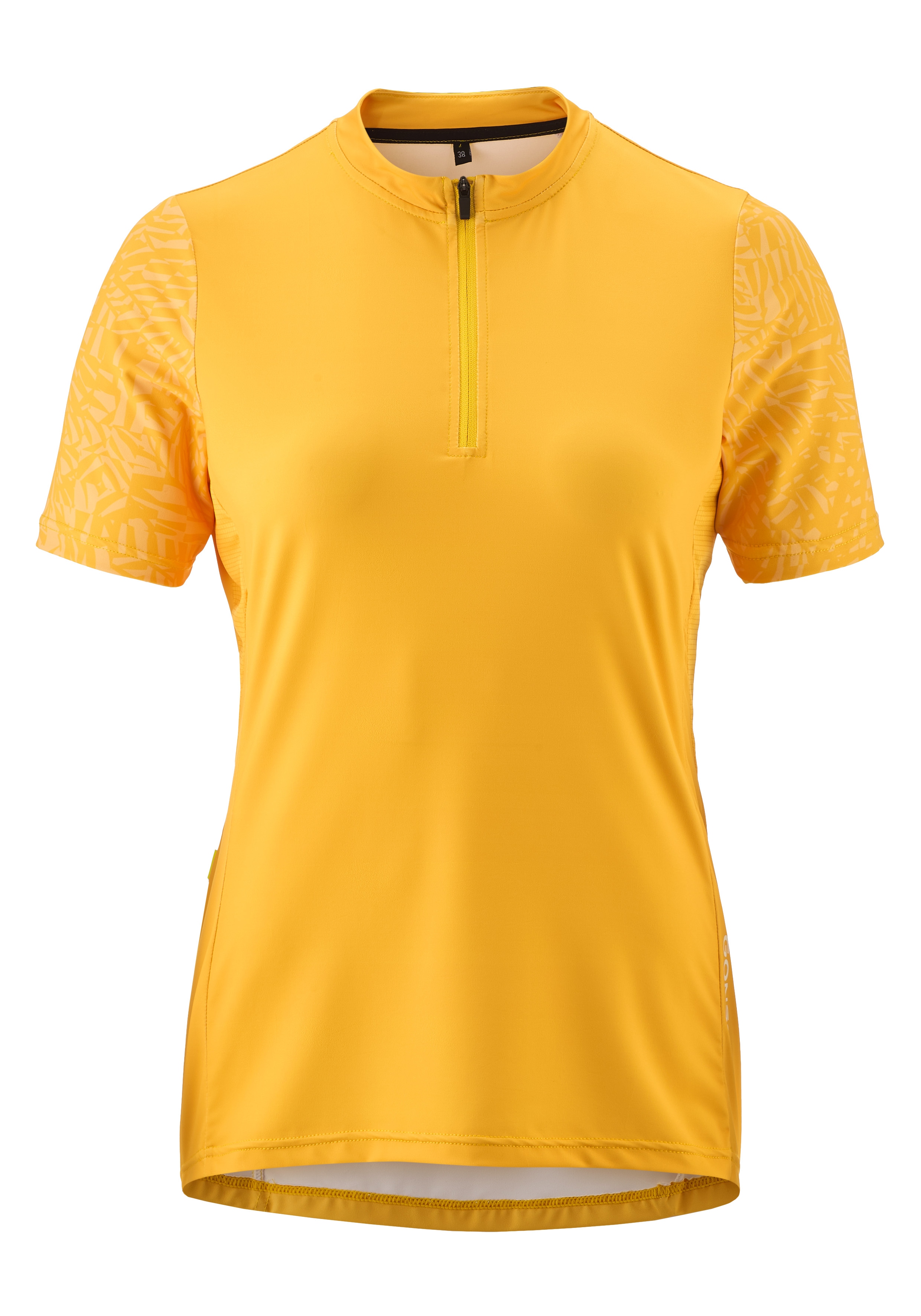 Radtrikot GONSO "Adventure Jersey Halfzip W", Damen, Gr. 42, gold (goldfarben), 88% Polyester (recycelt), 12% Elasthan, Rundhals, Trikots, Damen Fahrradtrikot kurzarm, Rückentasche mit RV, Quick-Dry, Slim Fit Image