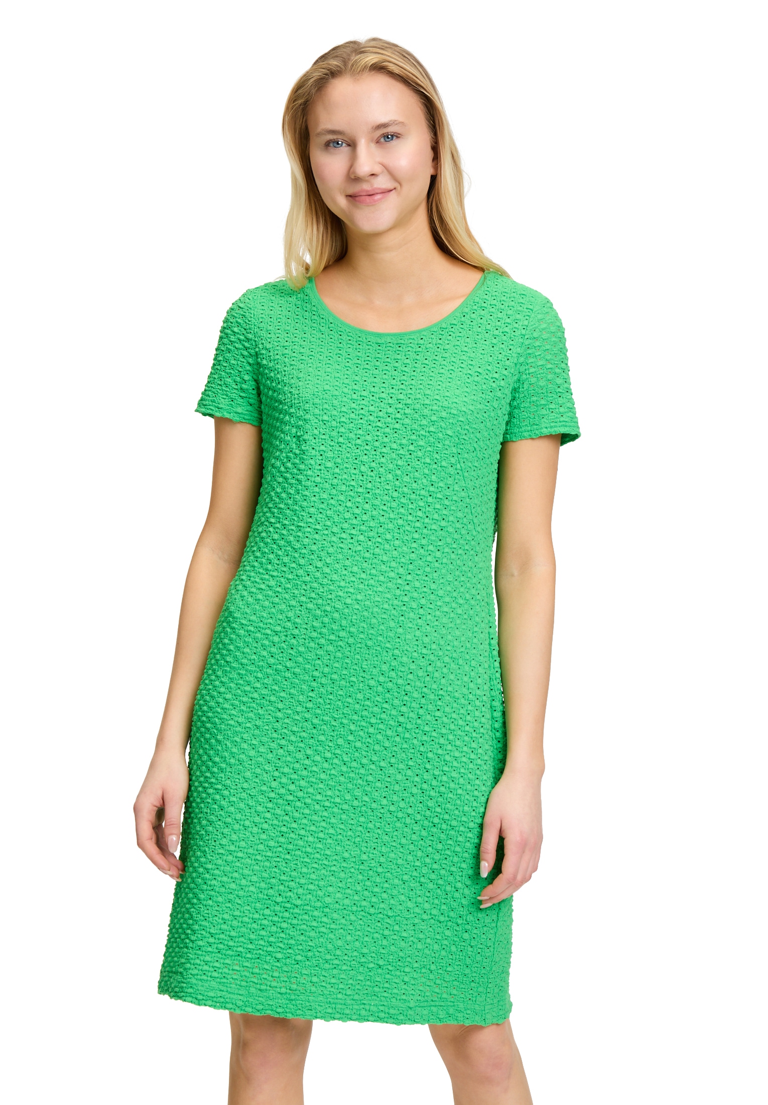 Etuikleid BETTY BARCLAY "Damen mit Rundhalsausschnitt", Damen, Gr. 36, Normalgrößen, grün (island grün), Obermaterial: 50% Polyamid, 48% Baumwolle, 2% Elasthan; Futter: 100% Polyester, figurumspielend kurz, Rundhals, Kleider Etuikleid, Muster