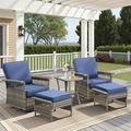 Yeahumalia 5-Piece All-Weather Wicker Patio Set with 2 Swivel Rocking Chairs 2 3-in-1 Ottomans and Side Table for Porch Pool Garden Blue