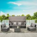 5 Pieces Outdoor Patio Wicker Daybed Furniture Set Set with Retractable Canopy Storable Side Table and Soft Cushions Patio Furniture Set for Patio Backyard and Garden Light Gray