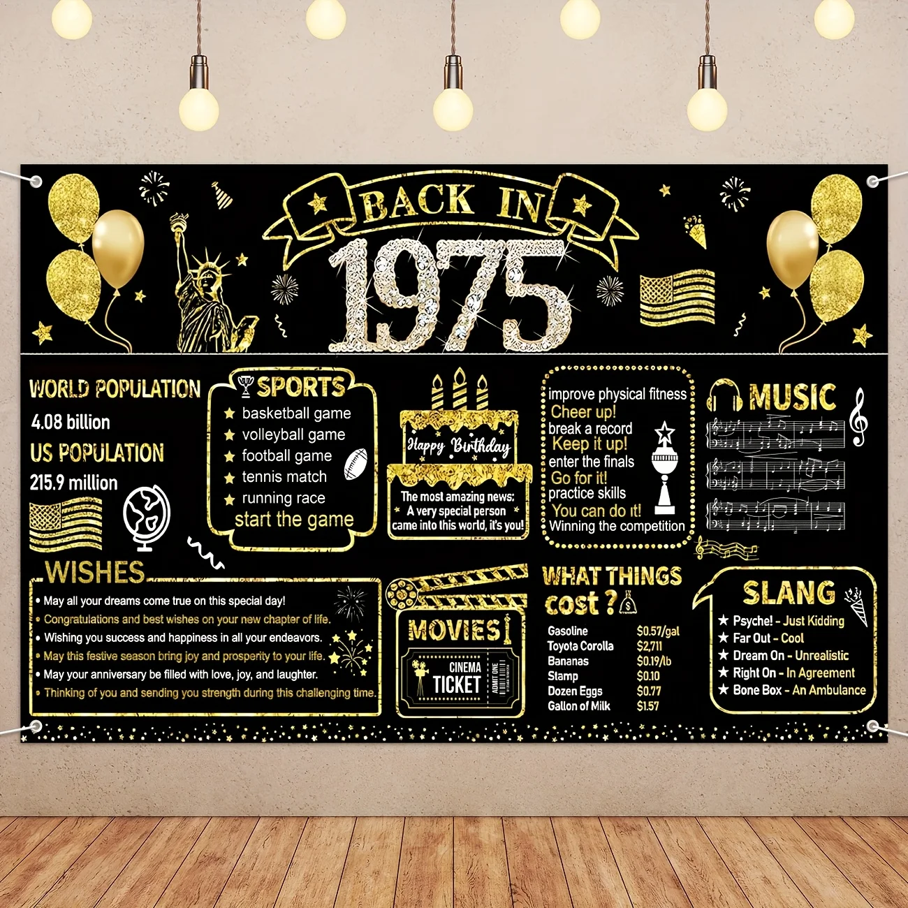 Partydekorationen zum 50. Geburtstag, Schwarz und Gold, Vintage-Stil, Rückseite im Jahr 1975, Banner, 50-jährige Geburtstagsparty-Poster, Zubehör, Vintage