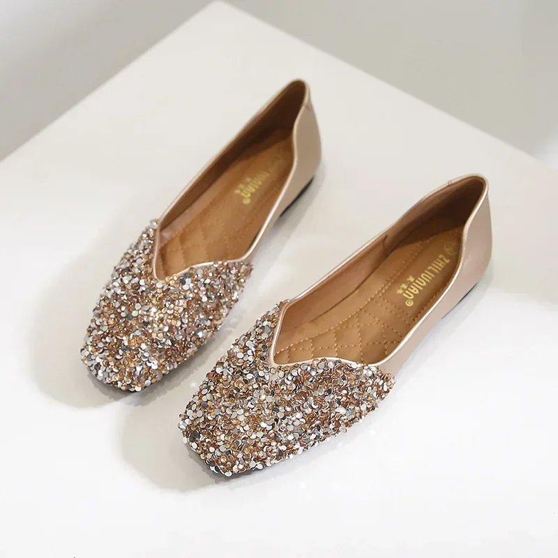 Women's Ballet Flats Fashion Shoes Casual Crystal Beads Boat Shoes Sparkling Rhinestone Office Lady Flats Lazy Loafers