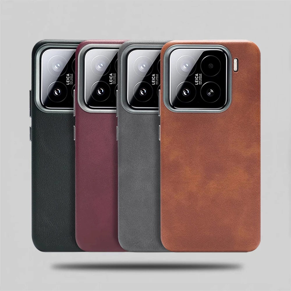 Luxus Business Retro Leder PU Stoßfest Fall Für Xiaomi Mi 15 14 Pro Mi 15 Magnetische Drahtlose Lade Legierung Objektiv Rahmen abdeckung Image