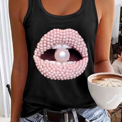 TEMU Pearl & Lettering Sleeveless Tank Top For Women - Stylish Summer & Spring Casual Wear, Black With Pink Beaded Lip Design, Round Neck, No Chest Straps, Casual Attire, Summer Tank Tops Image