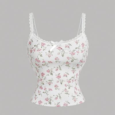 TEMU Women's Floral Lace Camisole - Polyester Off-the-shoulder Halter Top, Asymmetrical Hem, Knit Fabric, Lace Detail, Pullover Style, Medium Stretch, For Spring/summer/fall Casual Wear Image
