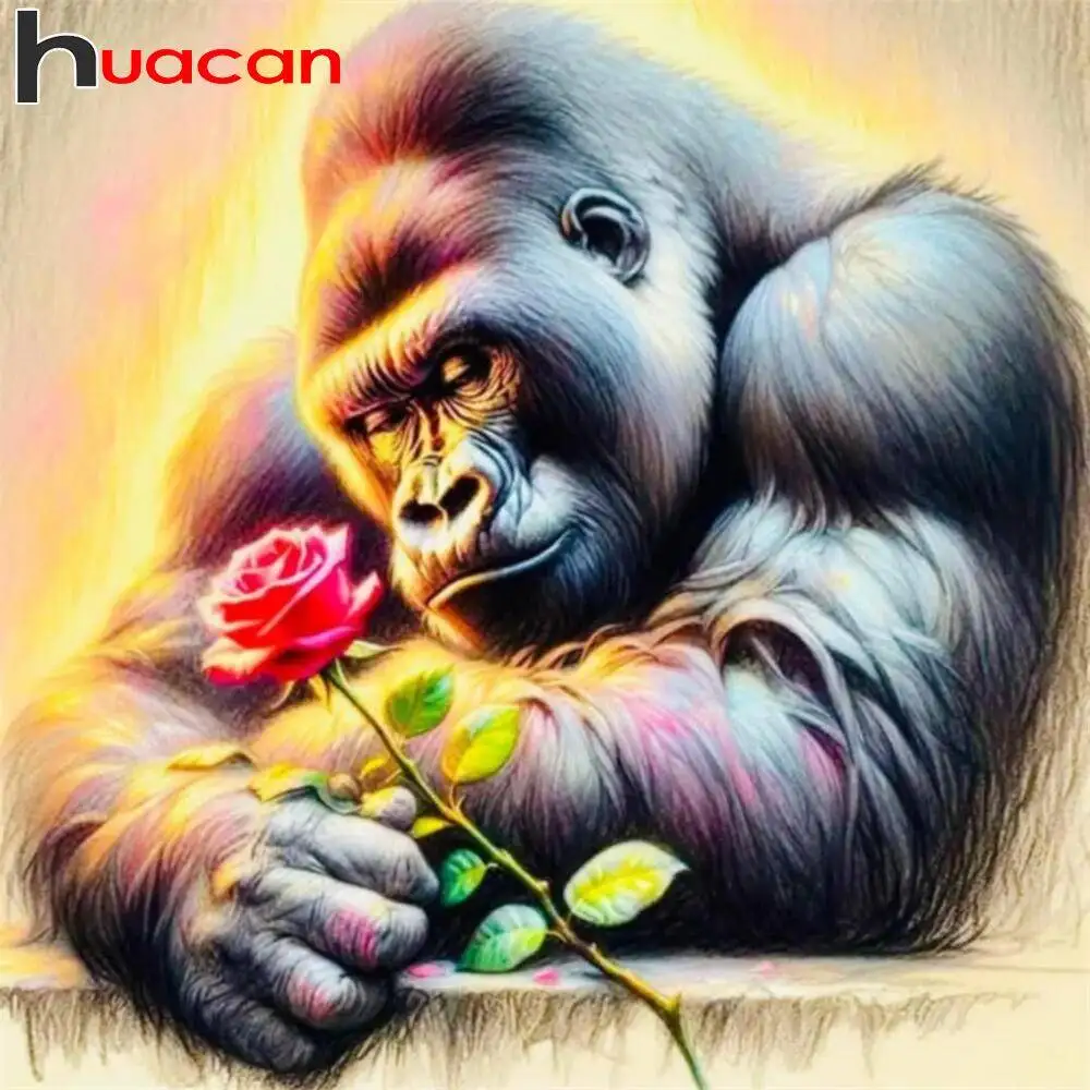 Huacan Diamant Mosaik Schimpanse Tier Rote Rose Volle Runde Platz Diamant Malerei Neue Bild Für Wohnzimmer Dekoration Image