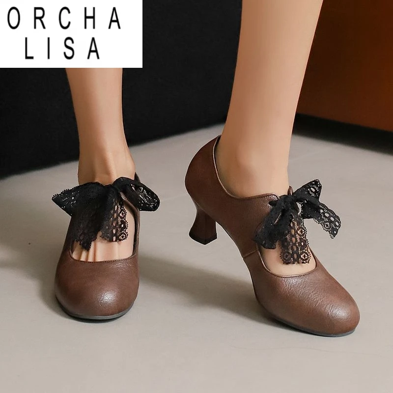 ORCHA LISA Süße Büro-Dame-Pumps, runde Zehen, seltsame Absätze, 6 cm, Schnürung, Übergröße, Größe 48 49 50, Schleife, Frühling, Damen-Dating-Schuhe, 32 3