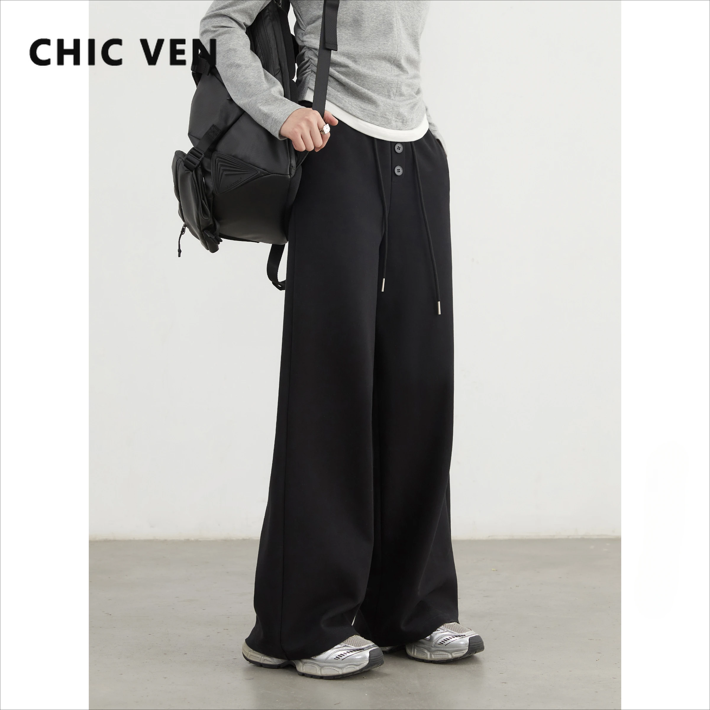 CHIC VEN Frauen Hosen Streetwear Hohe Taille Neue Elastische Taille Spitze Up Casual Hosen Weibliche Sport Jogginghose Frühling Sommer2025 Image