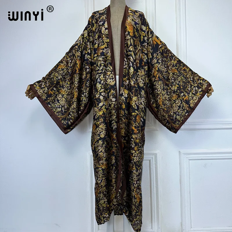 WINYI Strand Cover Up Print Kimono Maxikleid Strandkleidung Boho Cardigan Abaya Dubai Luxus Damen Muslimisches Kleid Afrika Langer Mantel Image