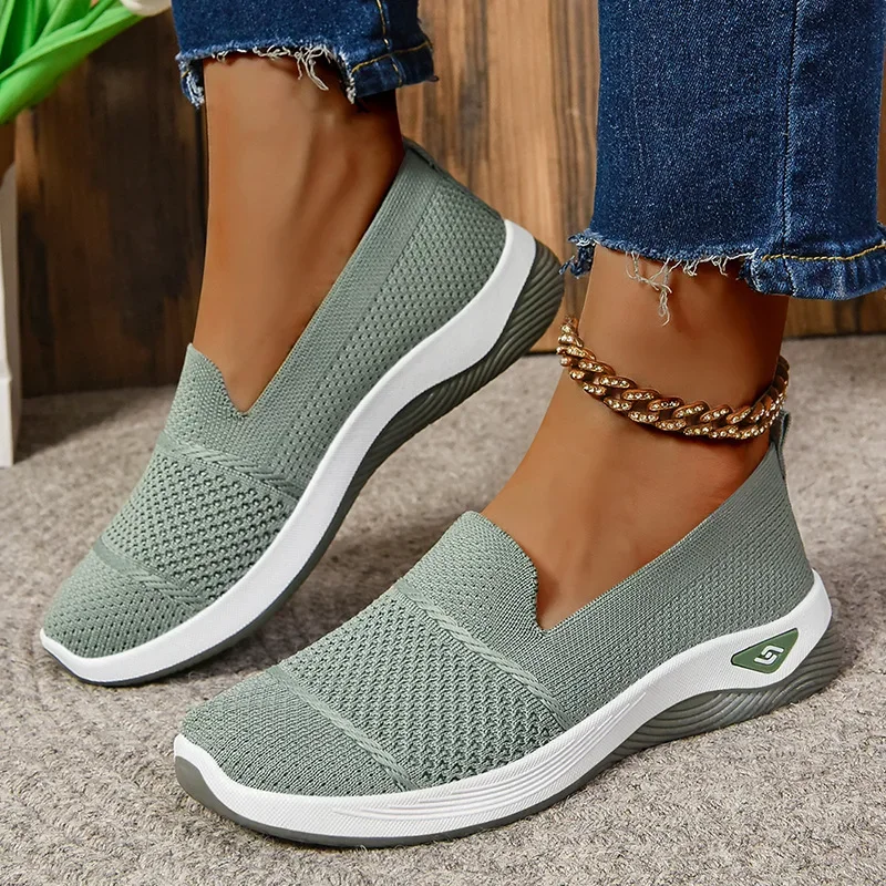 2025, atmungsaktive Keilabsatz-Loafer für Damen, Frühling und Sommer, Slip-On, gestrickte Sportschuhe, Damen, rutschfest, weiche Sohle, Wanderschuhe für Damen