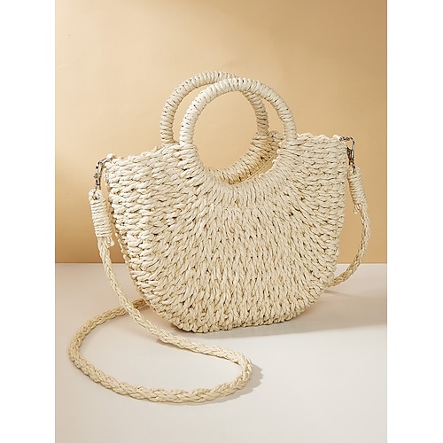 Borsa da spiaggia in paglia intrecciata da donna con manici rotondi e tracolla lunga – borsa estiva boho per vacanze, viaggi e outfit casual rosa arancione marrone