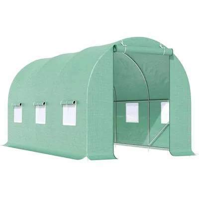 15' x 6' x 7' Walk-in Tunnel Greenhouse, Garden Green House with Roll-Up Door and Windows, PE Cover,