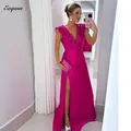 Elegante abito da sera fucsia Line A scollo A V abiti per occasioni speciali gamba divisa in raso donna formale Prom Gala Vestido Formales