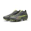 Fußballschuh PUMA "ULTRA 5 MATCH+ FG/AG Fußballschuhe Erwachsene", Gr. 42, matte aged silber gelb alert blau gray, Obermaterial: Synthetik, Textil; Futter: Synthetik, Textil; Innensohle: Textil; Laufsohle: Synthetik, Schuhe