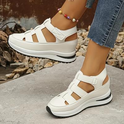 TEMU Women's Breathable Hollow Wedge Sandals - Comfortable Soft Sole, Round Toe Casual Walking Shoes With Arch Support And Slip-resistant Outsole For Summer, Chunky Heel Sandals Image