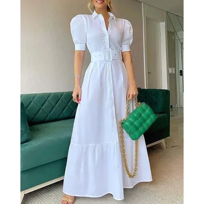 Party Belt Dresses For Women 2025 Spring Summer Fashion Elegant Stripe Print Short Sleeve Long Dress Lady High Waist Shirt Dress