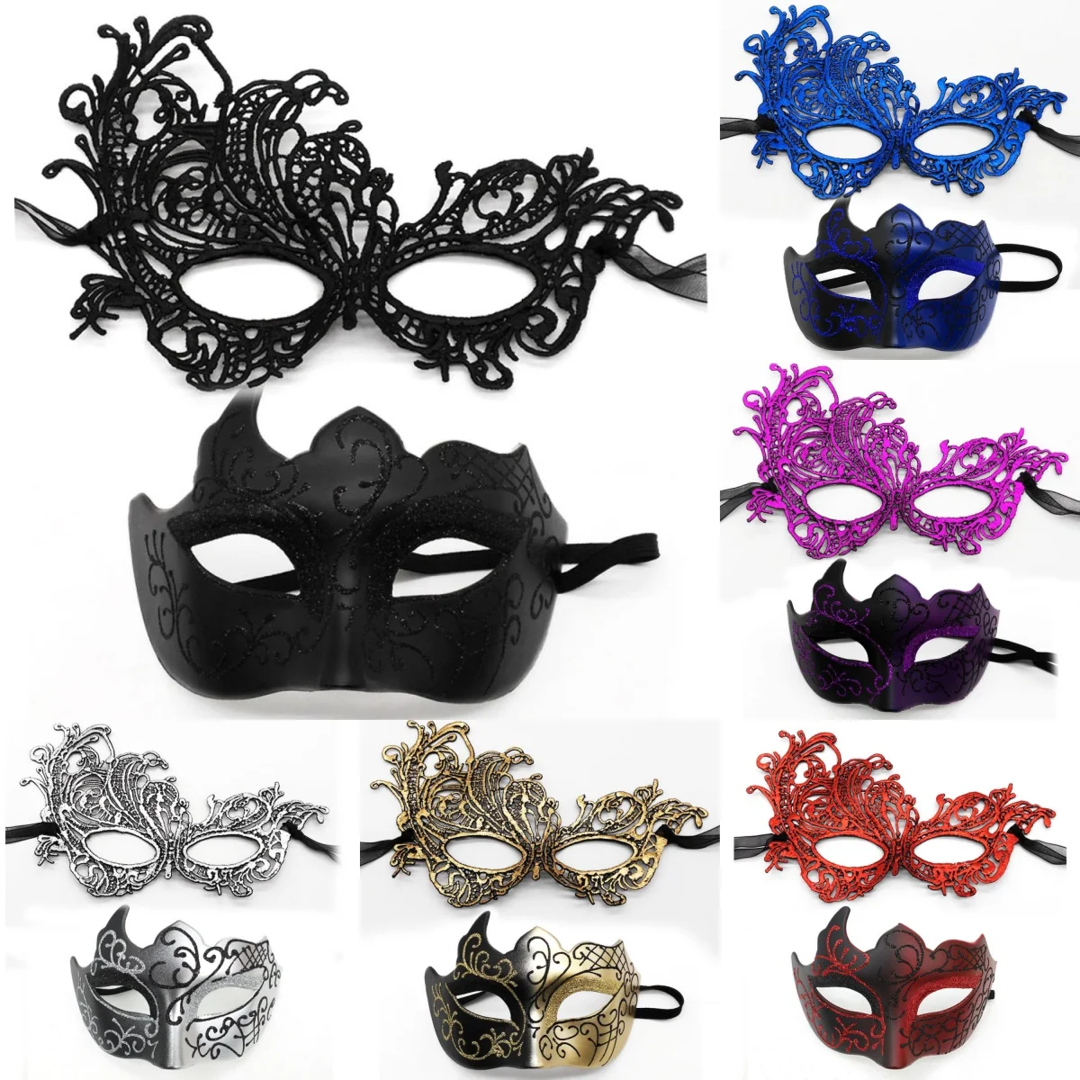2-teiliges elegantes schwarzes Spitzen-Maskerade-Masken-Set für Paare, sexy Maske für venezianische Party, Karneval und Halloween-Feiern Image
