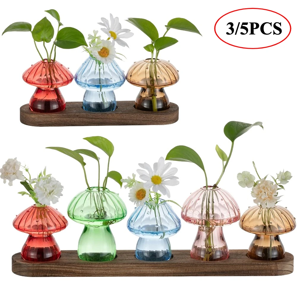 Glasseam Pilz-Pflanzenvermehrungsstationen, Glas-Pflanzenvasen mit Holzständer, einzigartiger hydroponischer Pflanzgefäß für die Dekoration zu Hause und im Büro Image