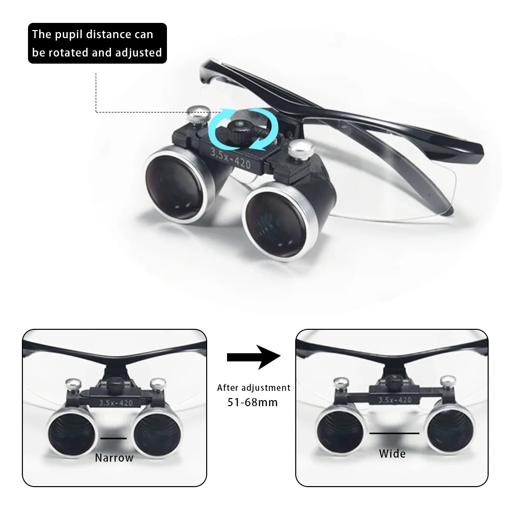 Zahnmedizin-Fernglaslupe, 2,5 x 3,5 x, ultraleichte optische Lupen, 320–420 mm Lupe für Zahnchirurgie Image