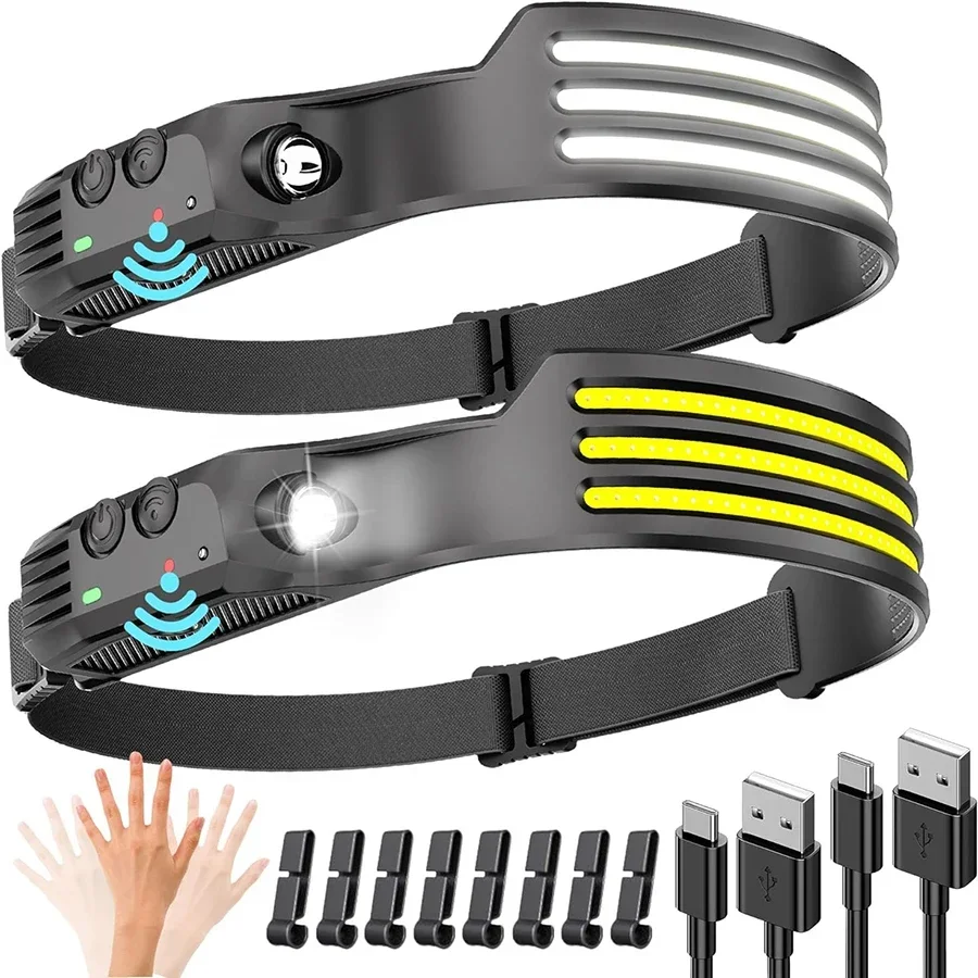 New Wave Sensing COB LED Headlight USB Rechargeable Torch Dual Light Source Built-in Battery Outdoor Camping Fishing Lantern Image