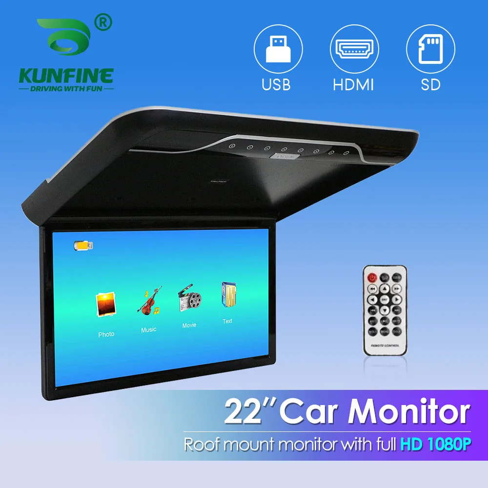 22-Zoll-Autodachmonitor 1080P Flip Screen Top Multimedia Video Decke Dachmontiertes Display mit 16-Farben-Umgebungslicht HDMI FM Image