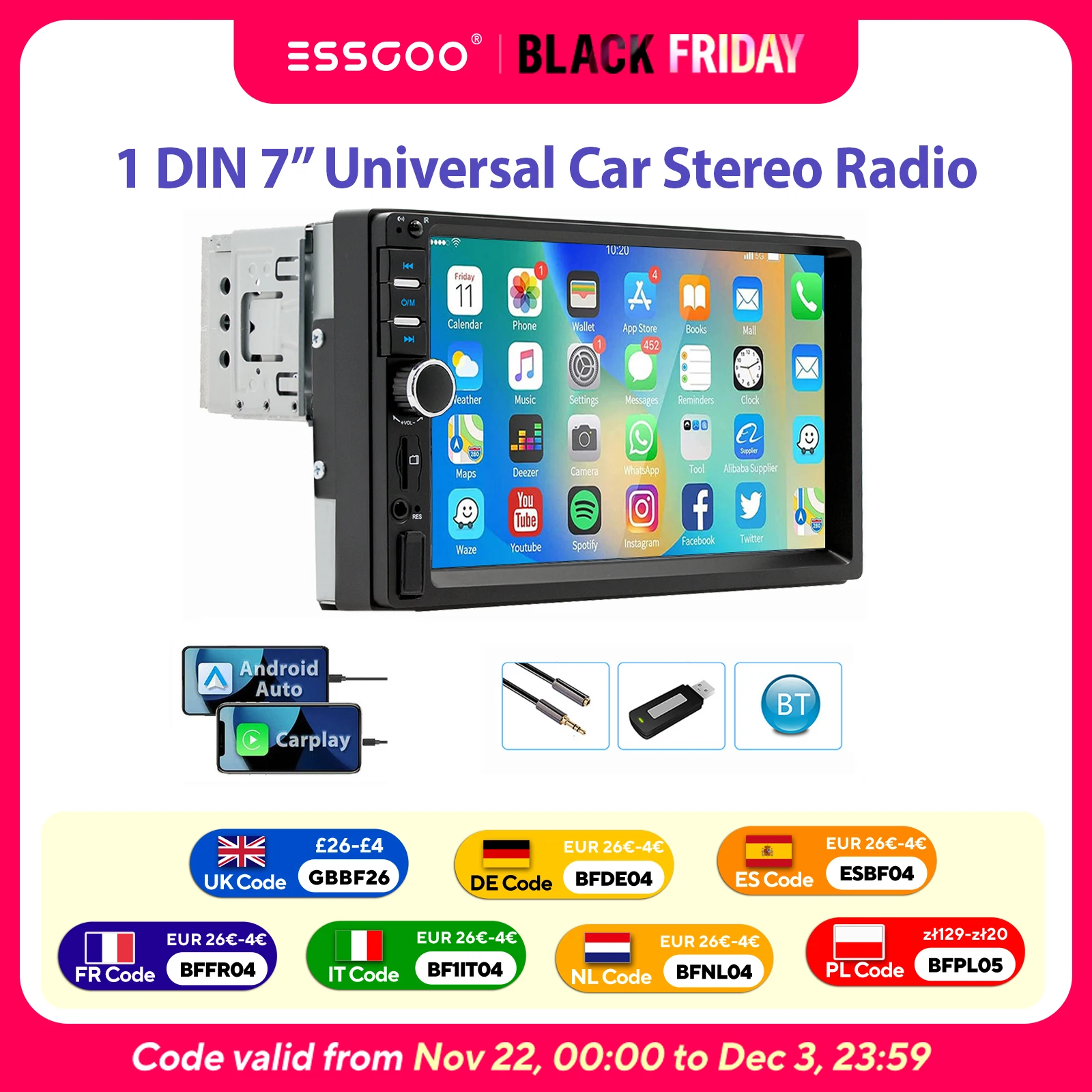 ESSGOO Autoradio 1DIN 7 pollici Universale Carplay Apple cablato Android Auto Bluetooth TF USB Ingresso AUX Schermo tattile HD Lettore video multimediale MP5 7 colori Controllo remoto volante FM Image