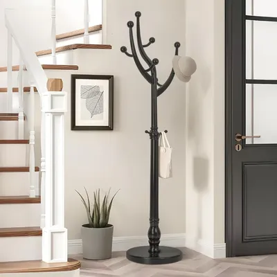 Wood Coat Rack Coat Tree Freestanding with Hooks, Heavy Duty Standing Coat Rack with Solid Round