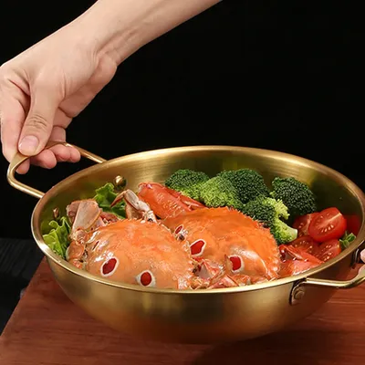 18-28CM Instant Noodle Pot, Single Person Small Hotpot, Golden Double Ear Flat Bottomed Dry Pot,