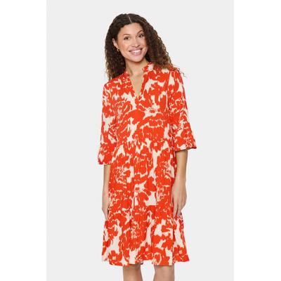 Blusenkleid SAINT TROPEZ "EdaSZ Dress", Damen, Gr. M (38), N-Gr, orange (poinciana water blooms), Web, Obermaterial: 100% Viskose, geblümt, modisch, V-Ausschnitt, 3/4-Ärmel, Kleider, mit Volant und 3/4 Ärmel Image