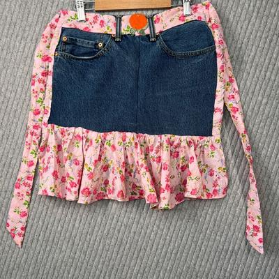 Levi's Kitchen | Levi’s Denim Apron Upcycled Handmade Ruffles Bow Cottagecore Floral Kitchen Cook | Color: Blue/Pink | Size: Os