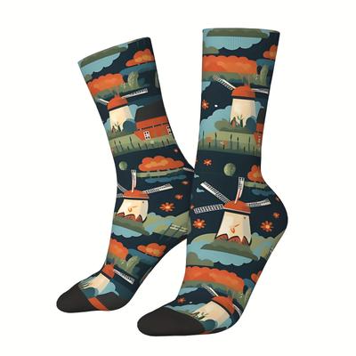 TEMU Windmill Pattern 1 Pair Men's Mid-calf Crew Socks, Breathable Comfy Casual Socks Novelty Fashion Sports Socks For Basketball Running Image