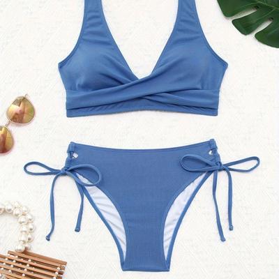 TEMU New Desire Spicy Bikini Special Fabric Small Hollow Strip Sexy Backless Tie String Cute Split Vacation Swimsuit Women's Bikini Image