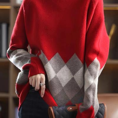 TEMU Women's Asian Neck Color Block Sweater - Polyester, Acrylic, Polyamide Knit Pullover With Image