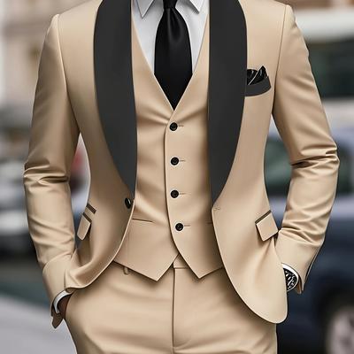 TEMU Men's 3pcs Suit Set With Pattern, Oversized Blazer, Trousers, Formal Tie, Wedding Dress, Vest, And Work Uniform - Ideal For Business And Holidays Gif Image