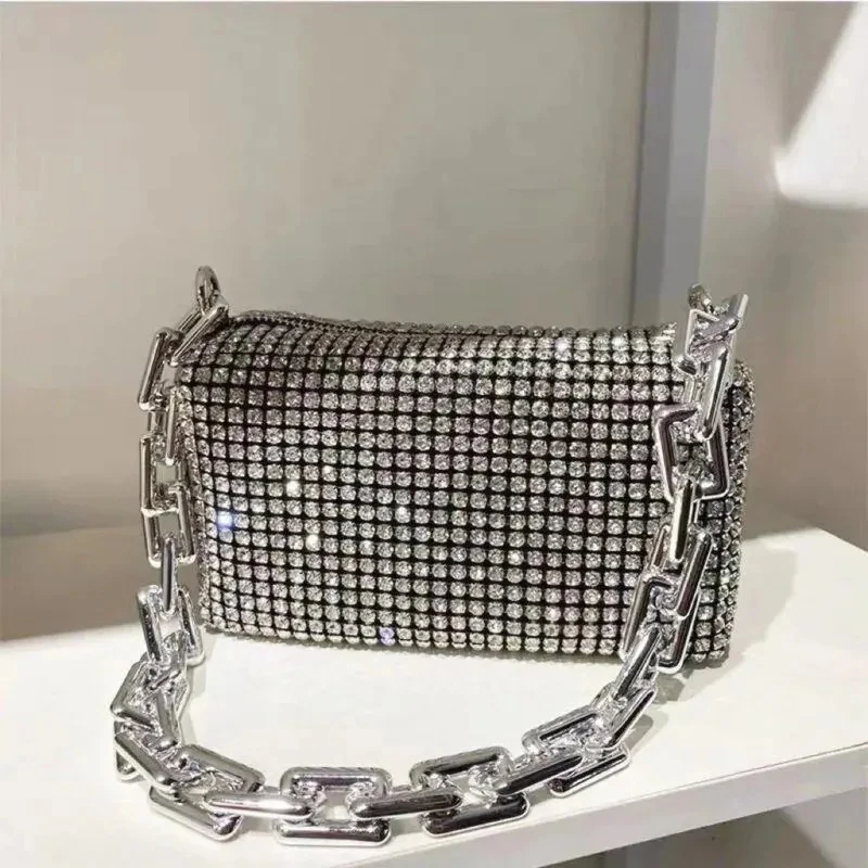 Damenmode-Tasche, glitzernde Dekoration, personalisierte Nachahmung von Diamanten, Umhängetasche, Kette, Handtasche, Abendessen, Dekoration, Reißverschluss offen Image