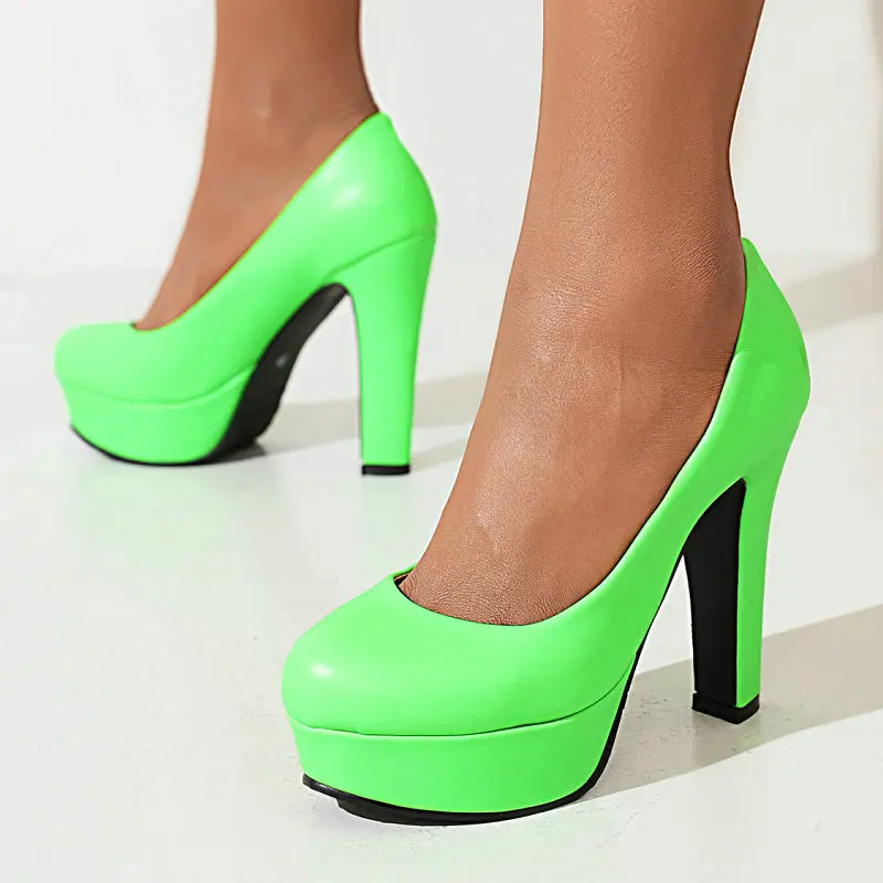 Runde Kappe Flach Reifen Damen Pumpen Starke Spike Hochhackige Büro Weibliche Schuhe Plattform Stiletto Frauen Grün Orange Heels