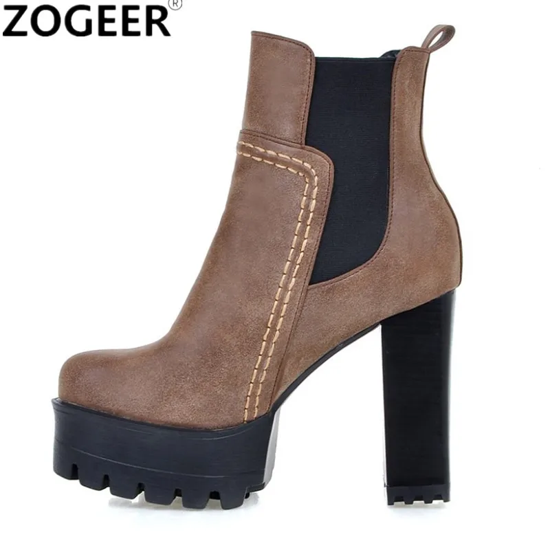 Mode Stiefeletten für Frauen Plattform Runde Kappe High Heels Kurze Stiefel Weibliche Punk PU Grau Braun Vintage Herbst Winter Schuhe