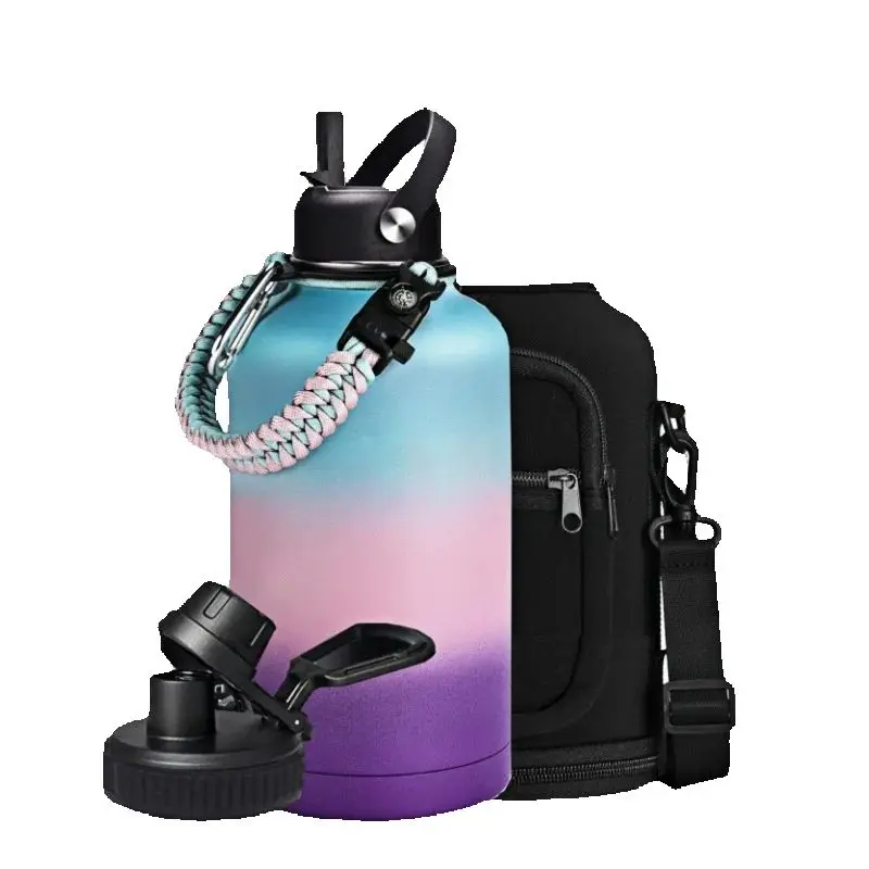 Großes Sport-Vakuum-Wasserflaschen-Set aus Stahl, 64 Unzen, 2 l, doppelwandige Kühler-Wasser-Vakuumflasche mit Tasche Image