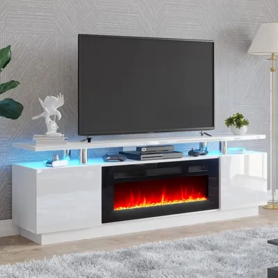 Fireplace TV Stand with 36" Fireplace, 70" Modern High Gloss Fireplace Entertainment Center LED