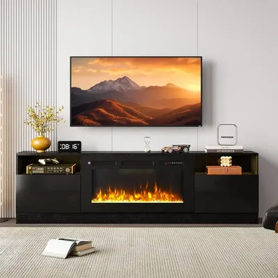 Fireplace TV Stand with Two Hinged Doors for TVs UP to 80", LED Lights & Storage Cabinets, TV Stand