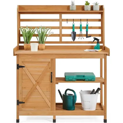 Outdoor Potting Bench, Large Horticulture Work Table Workstation with Storage Cabinet Shelf &