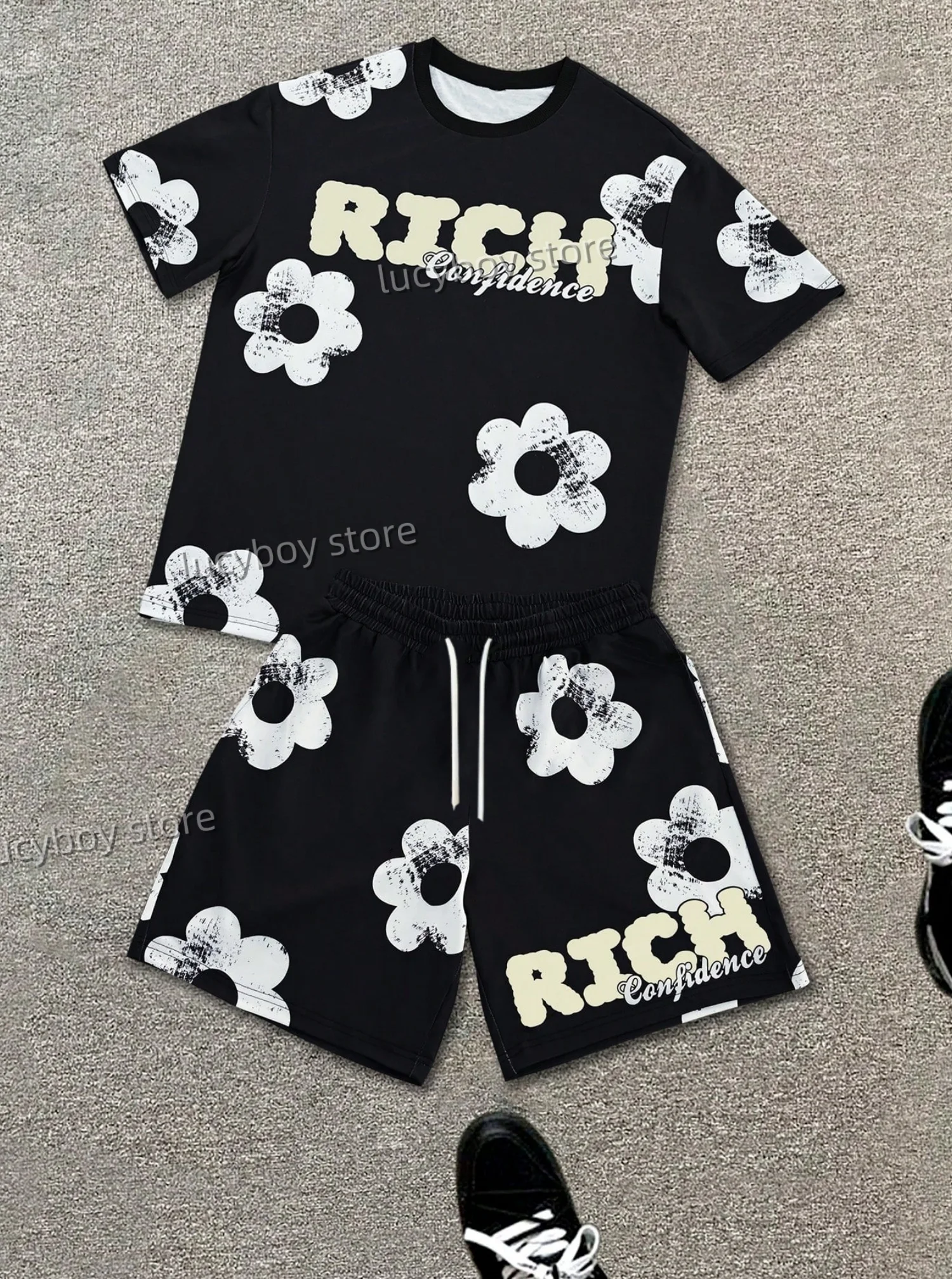 2025 fiori bianchi stampati abito da uomo 2 pezzi set abito casual abbigliamento sportivo set fitness tuta da uomo abiti oversize