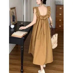 Mignon doux décontracté coréen mince été solide mode ample sans manches longue robe col carré vêtements pour femmes 2025 nouvelles robes
