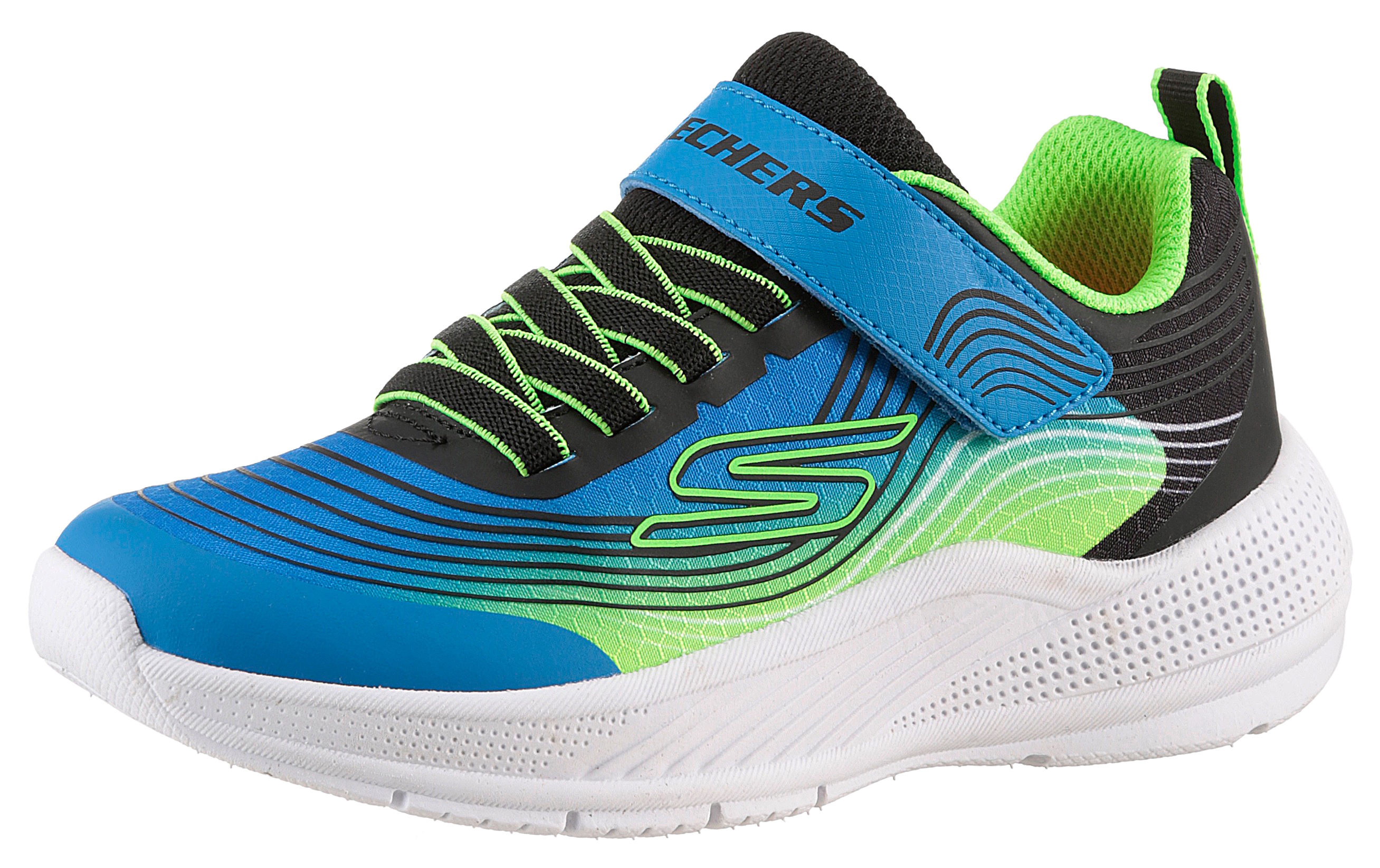 Sneaker SKECHERS "MICROSPEC ADVANCE", Mädchen, Gr. 35, bunt (schwarz, limette), Lederimitat, Textil, kontrastfarbene Details, Schuhe Sneaker, Freizeitschuh mit Klettverschluss, Größenschablone zum Download