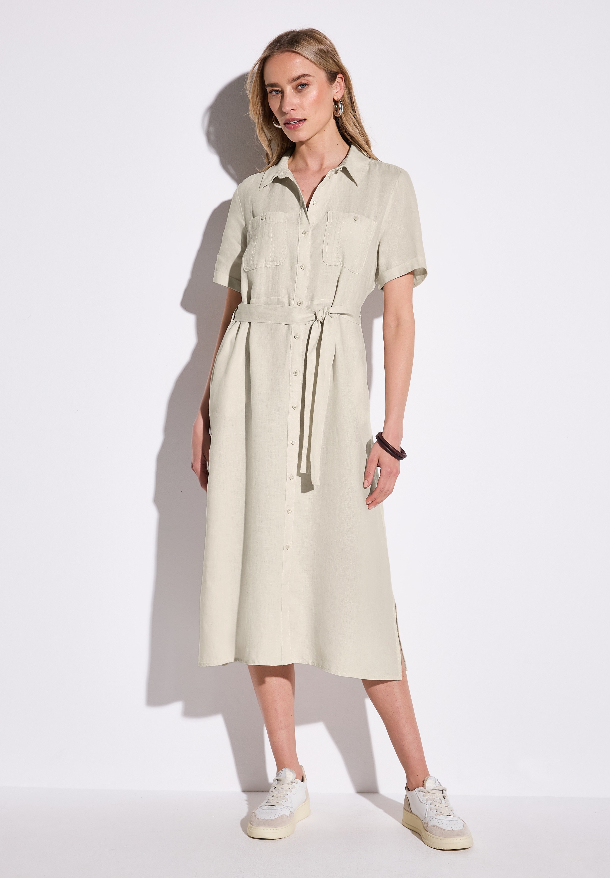 Midikleid STREET ONE, Damen, Gr. 42, EURO-Größen, beige (moonstone sand), Stoff, 100% Leinen, unifarben, gerade wadenlang, V-Ausschnitt, Bündchen, Kleider Midikleid, mit Bindegürtel zum Taillieren