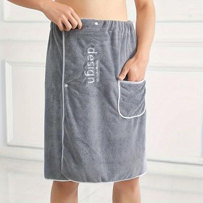 TEMU Men's Wearable Bath Towel With Pocket - 1pc Coral Fleece Absorbent Shower Skirt, Soft Spa Sauna Wrap, Embroidered Bathroom Supplies Image