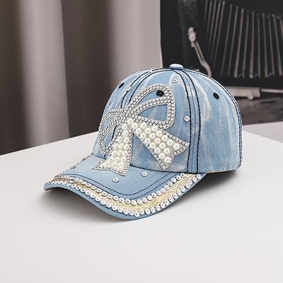 TEMU 1pc Baseball Cap Handmade Rhinestone Bow Fashion Brim Hat Suitable For Outdoor Hiking, Beach , And Street Drawing Image