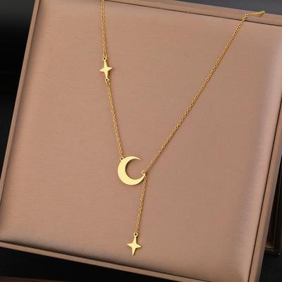 TEMU 18k Golden Plated Stainless Steel Star And Moon Tassel Pendant Necklace, Classic Minimalist Clavicle Chain, Versatile , Valentine's Day Gift, Accessory Image